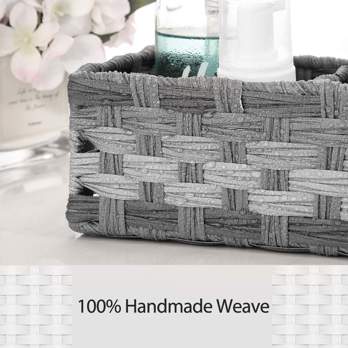 [Larger Compartments] Toilet Tank Topper Paper Basket - Multiuse Hand Woven Plastic Wicker Basket with Divider for Organizing, Rustic Farmhouse Bathroom Decor, Countertop Organizer Storage, Grey AOZITA