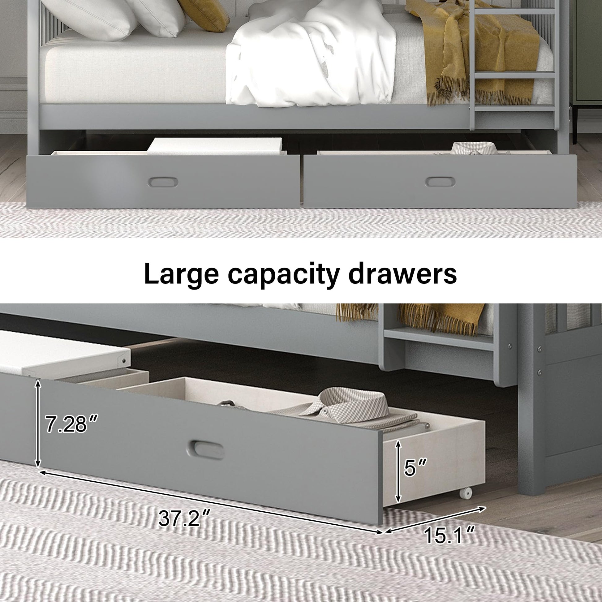 Merax Grey Solid Wood Convertible Bunk Bed with Storage Drawers and Ladders, Full Over Full - WoodArtSupply