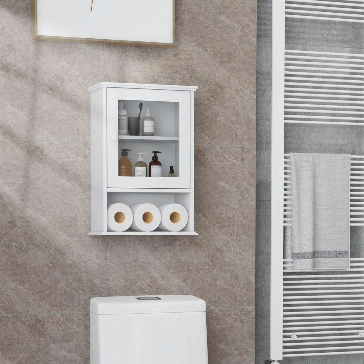Tangkula Bathroom Cabinet, Wall Mounted Storage Organizer W/Door and Open Shelf, Hanging Medicine Cabinet, White Tangkula