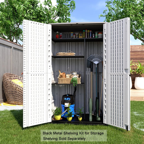 KINYING Outdoor Storage Shed Waterproof, Resin Vertical Storage Cabinet Double-Layered, Versatile to Store Patio Furniture, Garden Tools, Pool Accessories,Mower (66 Cu.ft,White) KINYING