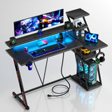 Korfile Reversible Corner Gaming Desk with LED Lights & Power Outlet, L Shaped Computer Desk with Extra Storage Shelves, Gamer Workstations with Monitor Stand for Bedroom, 47 Inch, Carbon Fiber Black Korfile
