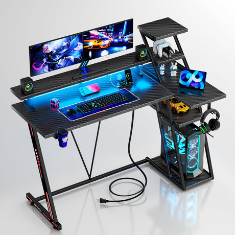 Korfile Reversible Corner Gaming Desk with LED Lights & Power Outlet, L Shaped Computer Desk with Extra Storage Shelves, Gamer Workstations with Monitor Stand for Bedroom, 47 Inch, Carbon Fiber Black Korfile