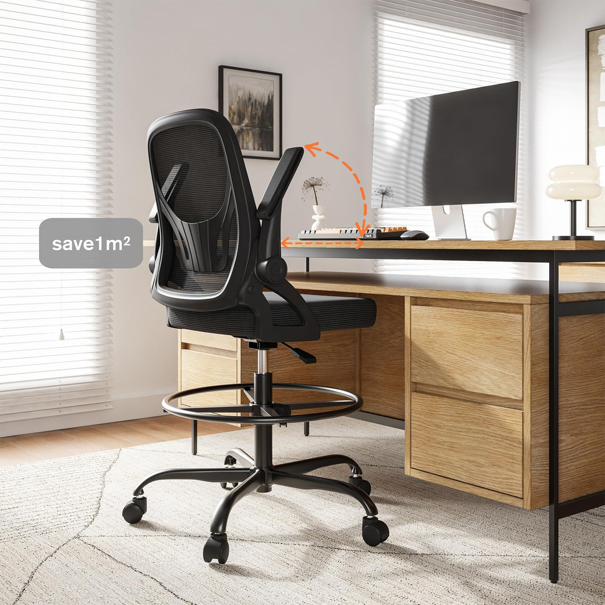 Alolo Drafting Chair with Flip-up Armrests,Tall Office Chair Adjustable Height and Ergonomic Standing Desk Chairs with Lumbar Support and Adjustable Footrest Ring（Black） Alolo