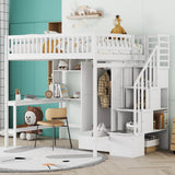 Merax Full Loft Beds Stairway Loft Bed Frame with Wardrobe, Desk, Bookshelf and Drawers, White Merax