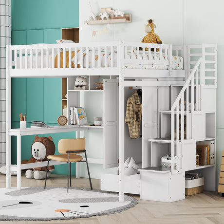 Merax Full Loft Beds Stairway Loft Bed Frame with Wardrobe, Desk, Bookshelf and Drawers, White Merax