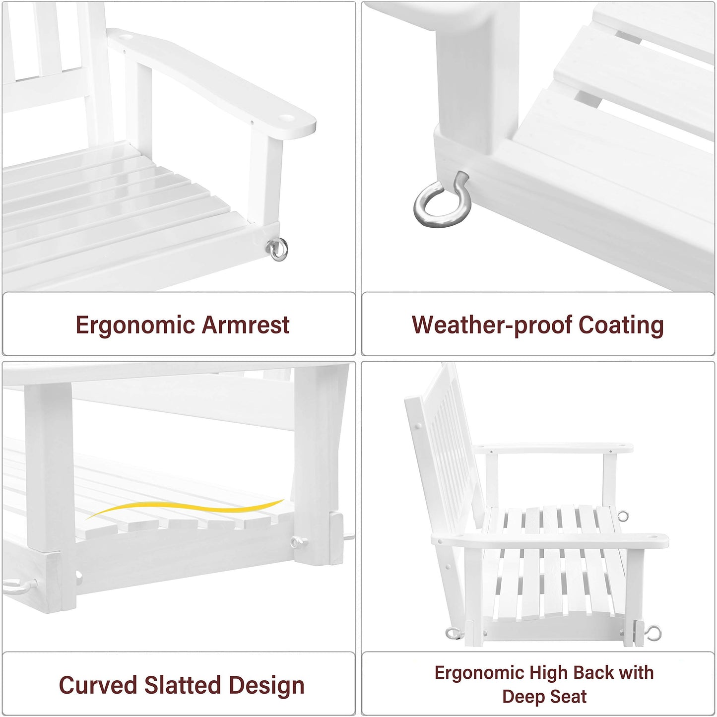 MUPATER Outdoor Patio Hanging Wooden Porch Swing 4FT with Chains, 2-Person Heavy Duty Swing Bench for Garden and Backyard, White - WoodArtSupply