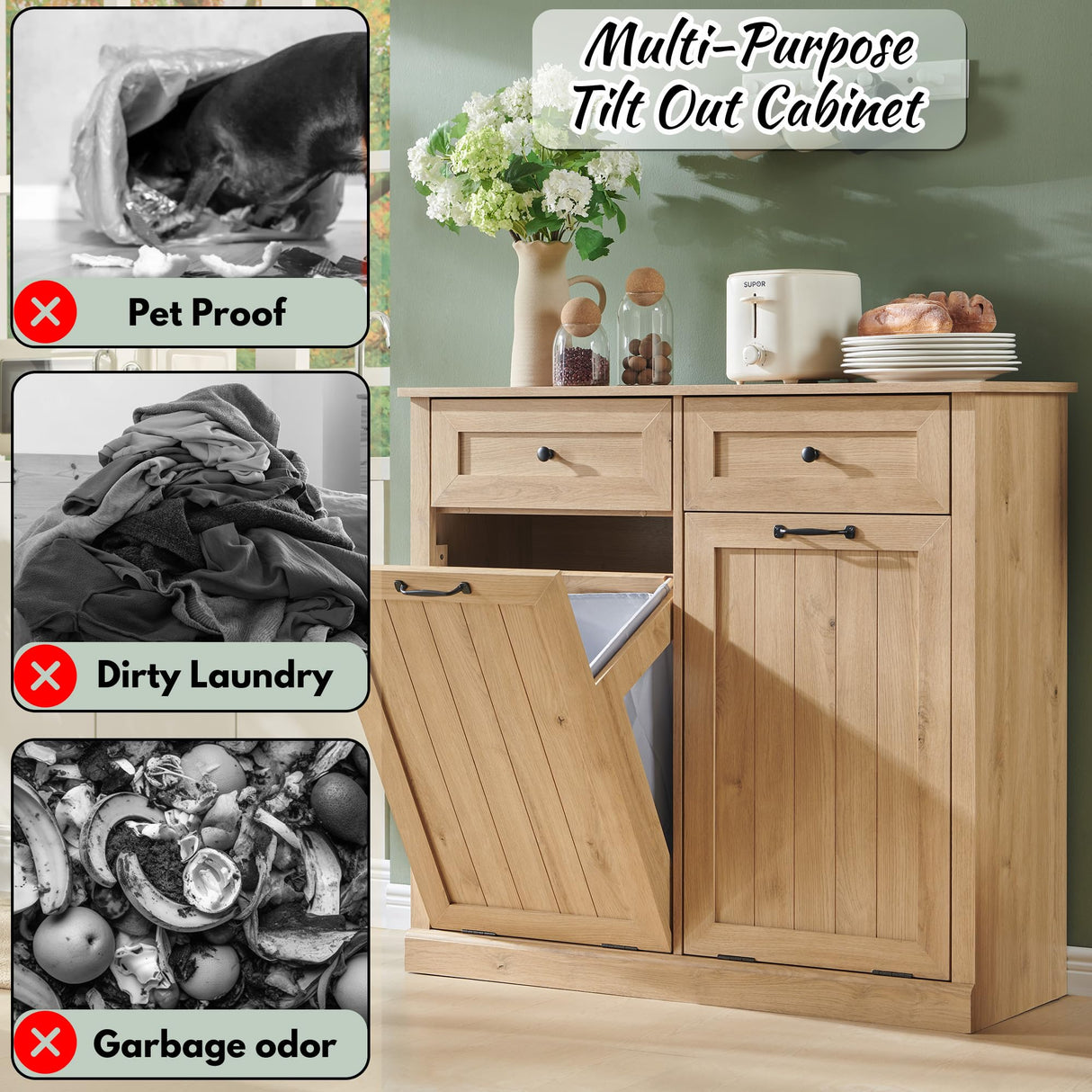 IFBUY Double Tilt Out Laundry Hamper Cabinet, 20 Gallon Farmhouse Trash Can Cabinet with Drawer, Hidden Wood Garbage Can Bin Cabinets with Laundry Storage Basket for Bathroom, Kitchen (Natural) IFBUY