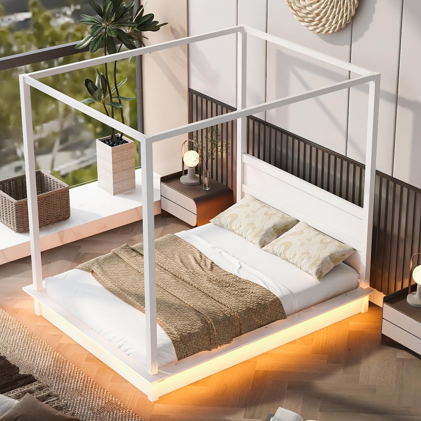 Modern Queen Size LED Canopy Bed in White with Easy Assembly and No Box Spring Needed - WoodArtSupply