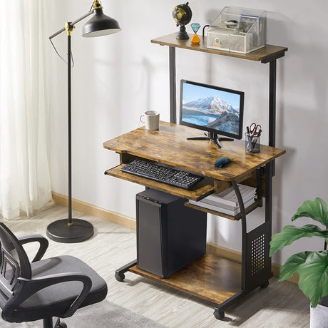 Yaheetech 3 Tiers Rolling Computer Desk with Keyboard Tray and Printer Shelf for Home Office, Mobile Computer Desk for Small Space, Retro Computer Table Compact PC Laptop Workstation, Rustic Brown Yaheetech