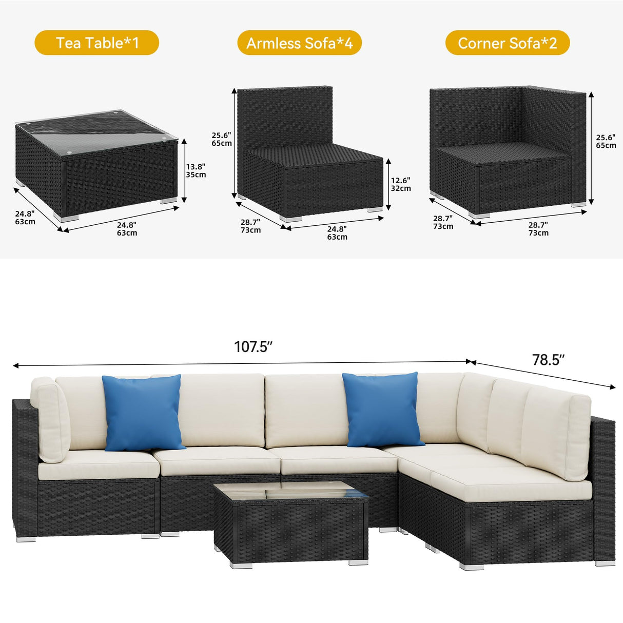 YITAHOME 7 Pieces Outdoor Patio Furniture Set, Sectional Sofa PE Rattan Wicker Conversation Set Outside Couch w/Table and Cushions for Porch Lawn Garden Backyard, Black YITAHOME