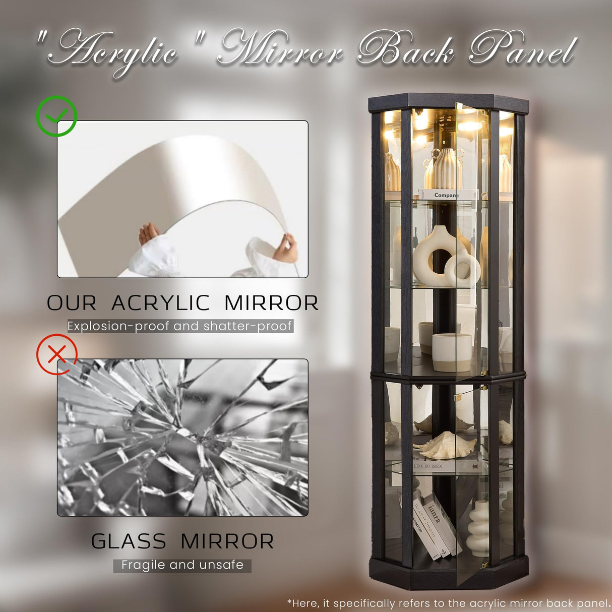 KavlSean 70" H Corner Curio Cabinet, Lighted Glass Display Cabinet with Elegant Tempered Glass Door, Adjustable Shelve, China Cabinet with Light Bulb, Mirrored Back Panel for Living Room (Black) KavlSean