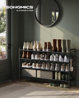 SONGMICS Shoe Rack, 4-Tier Shoe Organizer, Fabric Shoe Shelf Storage with 4 Hooks, Holds up to 24 Pairs of Shoes, Height-Adjustable Shoe Rack for Entryway, Hallway, Closet, Easy Assembly, Ink Black SONGMICS