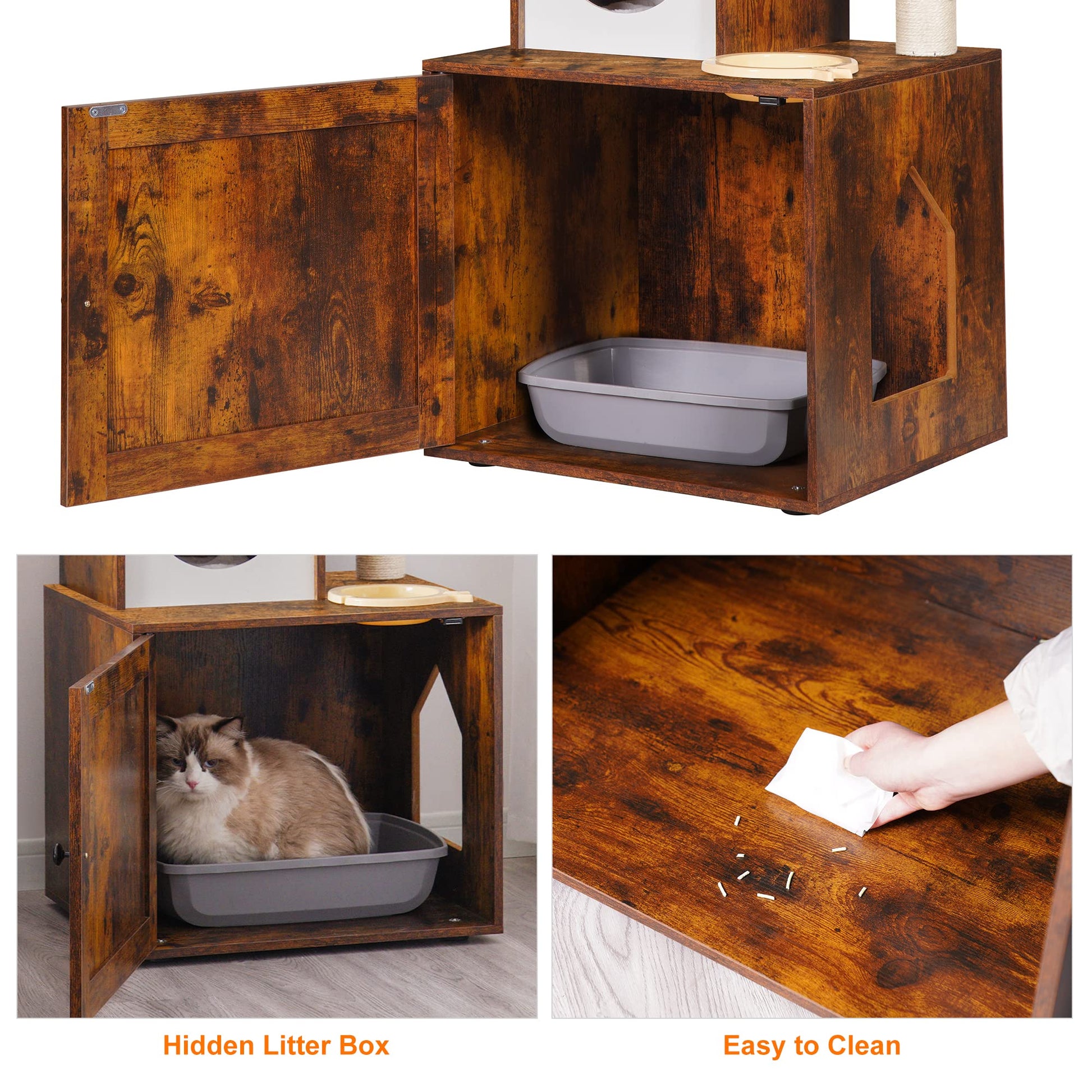 Heybly Cat Tree, Wood Litter Box Enclosure with Food Station, All-in-one Indoor Cat Furniture with Basket and Condo, Modern Style Cat Tower, Hammock, Rustic Brown HCT101SR - WoodArtSupply