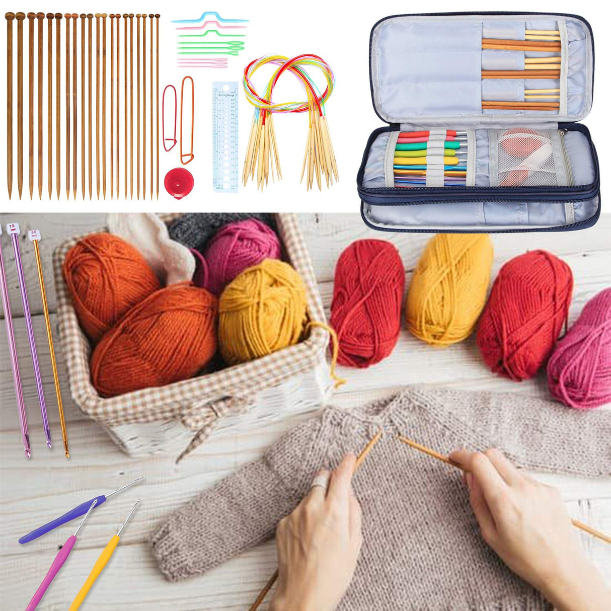 Teamoy Knitting Needles Case(up to 10-Inch), Travel Organizer Storage Bag for Circular and Straight Knitting Needles, Crochet Hooks and Knitting Accessories, Blue Cats-NO ACCESSORIES INCLUDED Teamoy