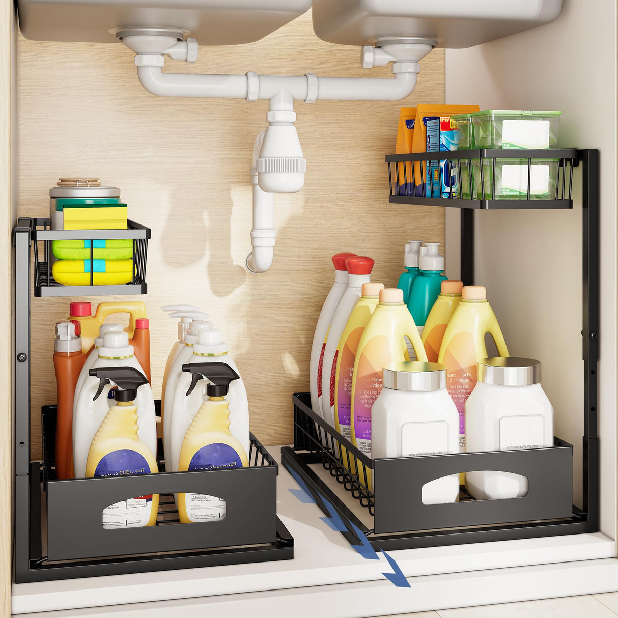 Under Sink Organizer , 2 Pack Height Adjustable Cabinet Organizer with Slide Out Drawer, Pull Out Under Sink Storage, Multi-Purpose 2 Tier Sink Shelves for Kitchen Bathroom Pantry (Black, 2 Pack) Fabutier