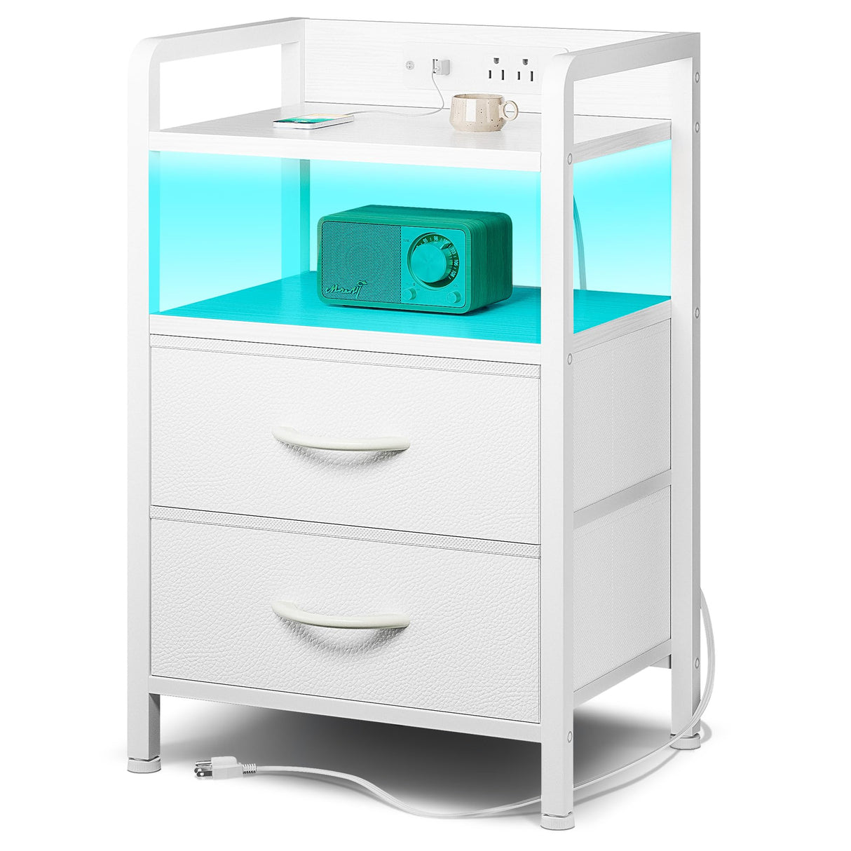 Night Stand Bedside Table Bedroom - Nightstand with Charging Station & LED Light Strip, Bed Side Table with Storage Shelf & 2 Fabric Drawers, Morden White End Table with U-S-B Ports & AC Outlets Lazzanto