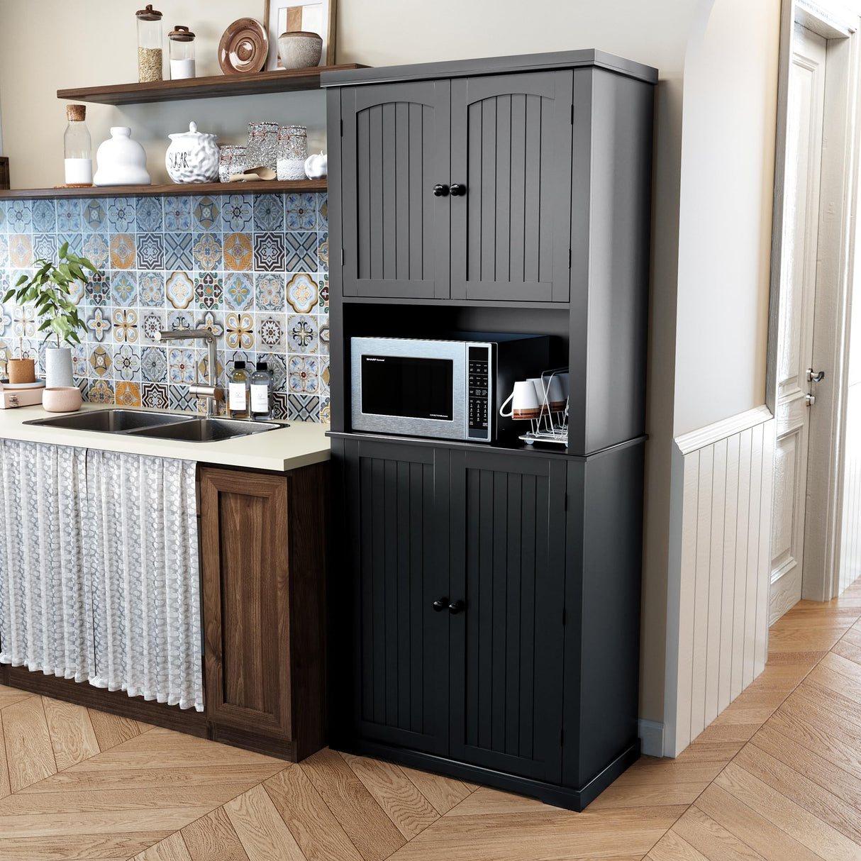 HLR 72" Kitchen Pantry Storage Cabinet, Freestanding Larder Cupboard, Kitchen Hutch Cabinet with Microwave Stand,Utility Pantry with Doors and Shelves for Dining Room, Living Room, Laundry HLR