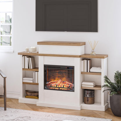 Ameriwood Home Gateswood 64 Inch Electric Fireplace with Mantel, Replaceable Fireplace Insert Heater, Shelves, Remote Control, Timer, Realistic Log and Flame Effect, Plaster