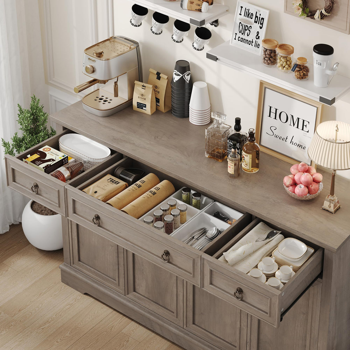 finetones Buffet Cabinet with Storage, 55.1" Large Sideboard Buffet Cabinet, White Kitchen Cabinet with 3 Drawers and 4 Doors, Wood Coffee Bar Cabinet for Kitchen Dining Room, Ash Grey finetones