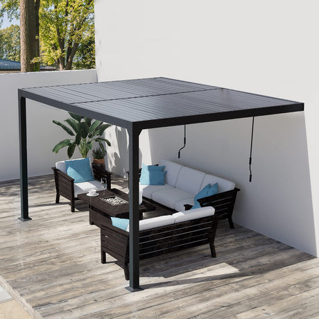 BPS 13 x 10 ft. Outdoor Aluminum Wall Mounted Louvered Pergola Waterproof Gazebo Sun Shade Shelter with 2 Adjustable Rainproof Panels for Patio, Garden, Backyard Lawn & Garden - Dark Gray BPS