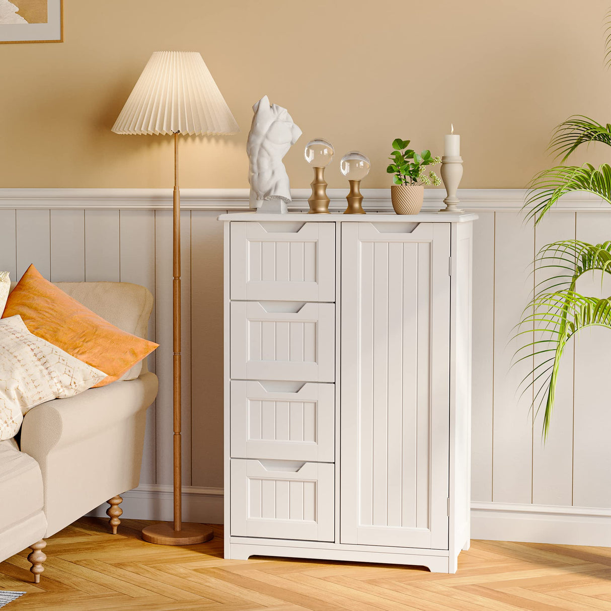 Gizoon 33" Small Kitchen Pantry Storage Cabinet with Door and Shelves, Pantry Cabinet Storage Cupboard, Freestanding Wooden Dresser with 4 Drawers for Bathroom and Dining Room, White Gizoon