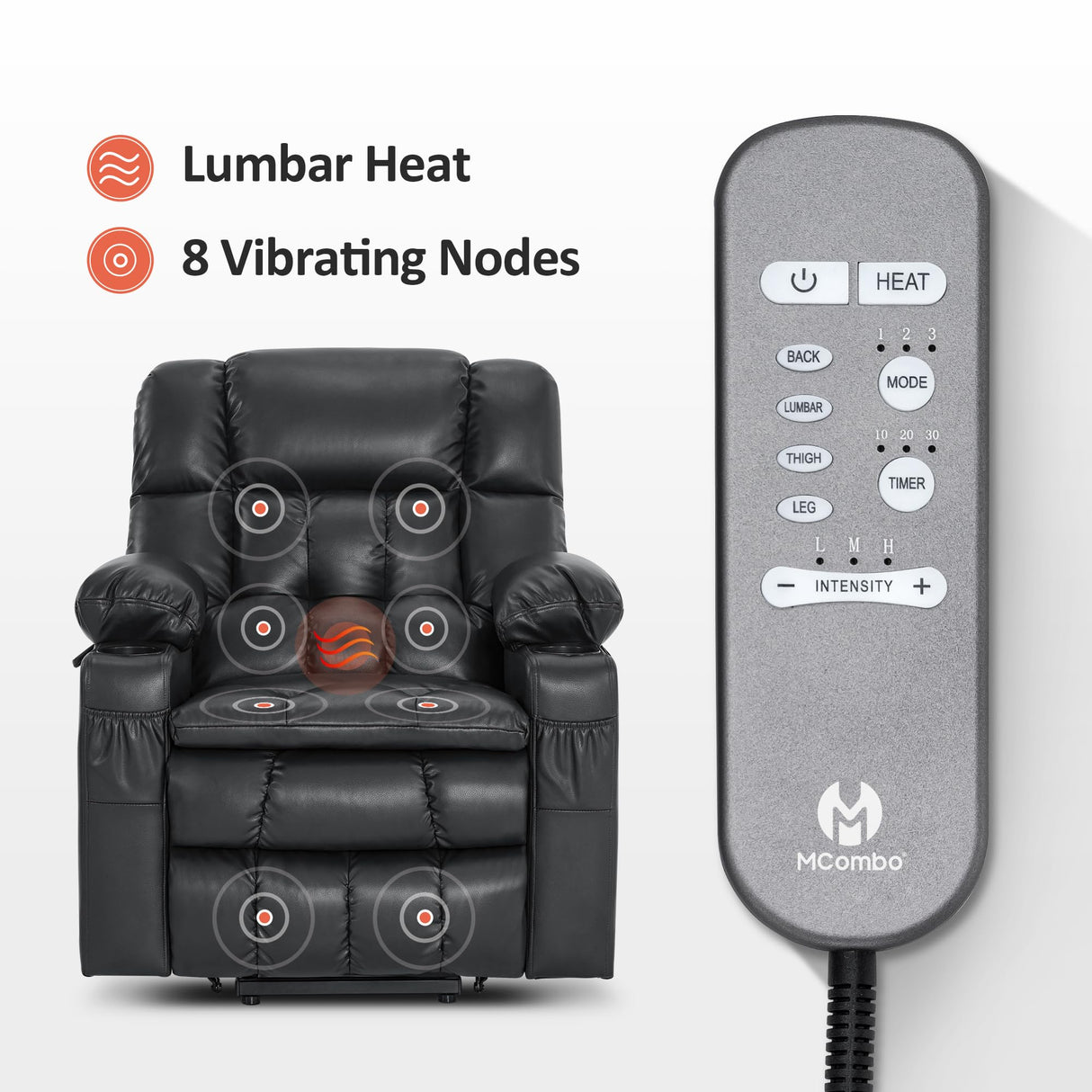 MCombo Dual Motor Small Power Lift Recliner Chair for Elderly, Lay Flat Lift Chair with Heat and Massage, Petite Lift Chair, Cup Holders, Faux Leather 7893 (Black, Small) MCombo