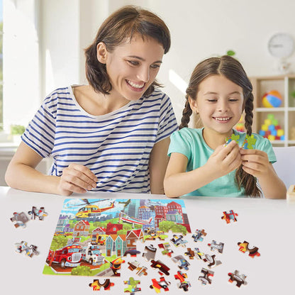 LELEMON Puzzles for Kids Ages 4-8 Vehicles Jigsaw Puzzles in a Metal Box for Kids Boys Girls 100 Pieces Fire Truck Ambulance Police Car Helicopter Aircraft Learning Educational Puzzles