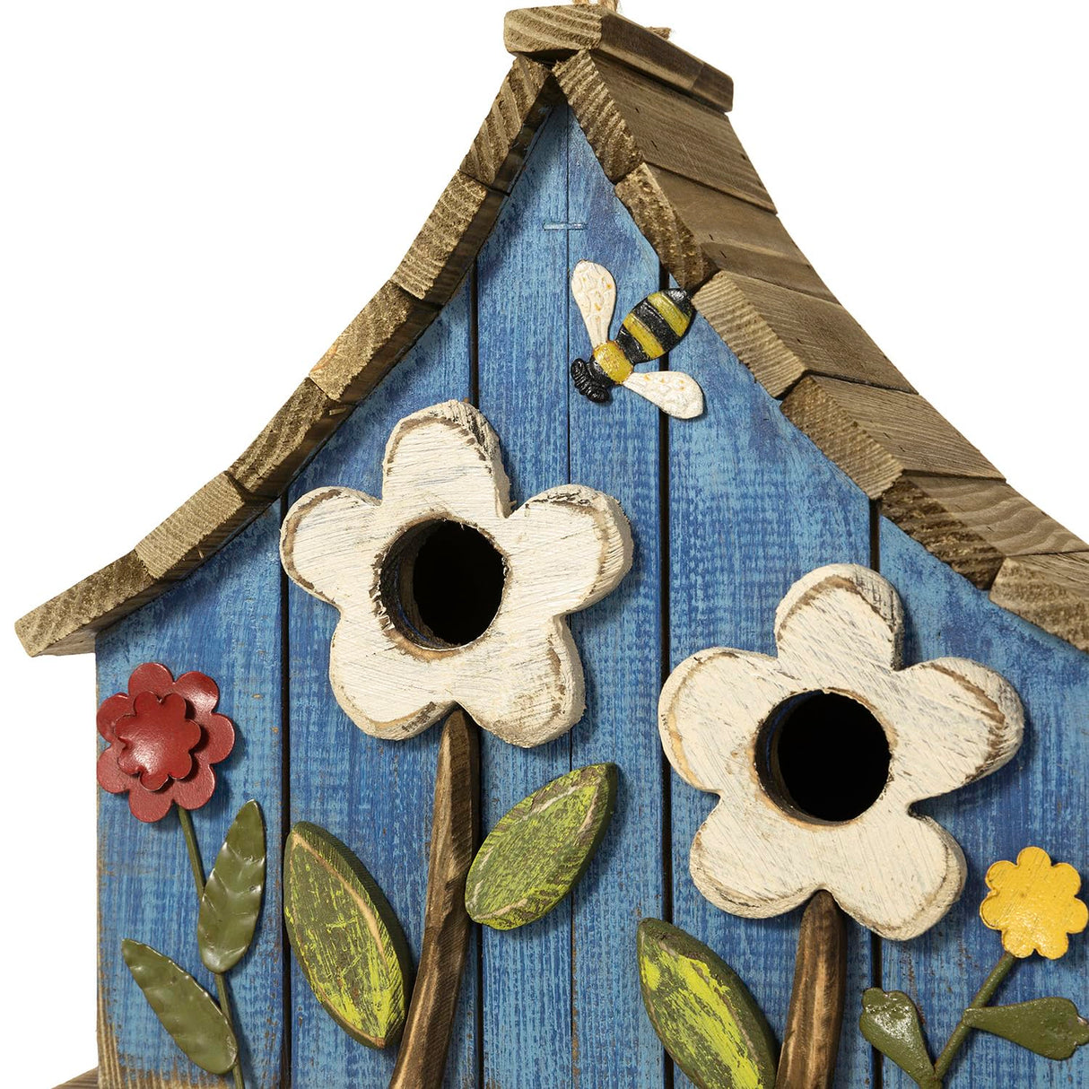 Glitzhome 10.75" L Distressed Solid Wood Hanging Birdhouse with 3D Flowers Rustic Hand-Painted Garden Bird Houses for Outdoors Decorative Glitzhome