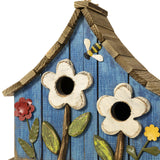 Glitzhome 10.75" L Distressed Solid Wood Hanging Birdhouse with 3D Flowers Rustic Hand-Painted Garden Bird Houses for Outdoors Decorative Glitzhome
