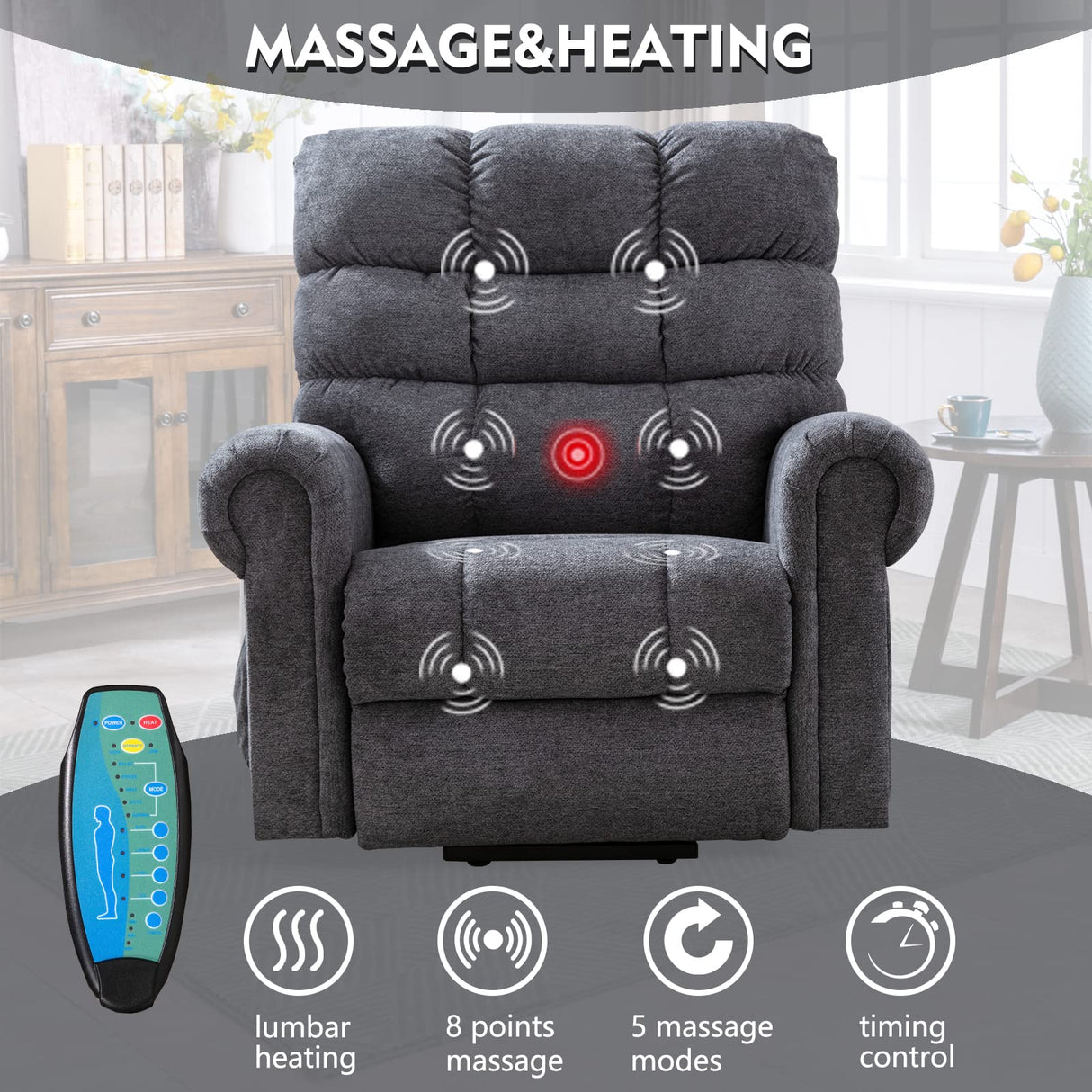 ANJ Large Power Lift Recliner Chair with Massage and Heat for Elderly Big People, Electric Wide Recliners, Heavy Duty and Safety Motion Fabric Reclining Mechanism with USB Ports, Side Pocket, Grey ANJ