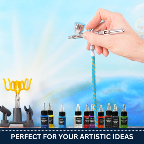 Pixiss Air Brush Painting Set - 10 Colors of Acrylic Paint for Airbrush Kit - Acrylic Airbrush Paint Set for Model Paint Kit - Vibrant Pigments for Various Surfaces Pixiss