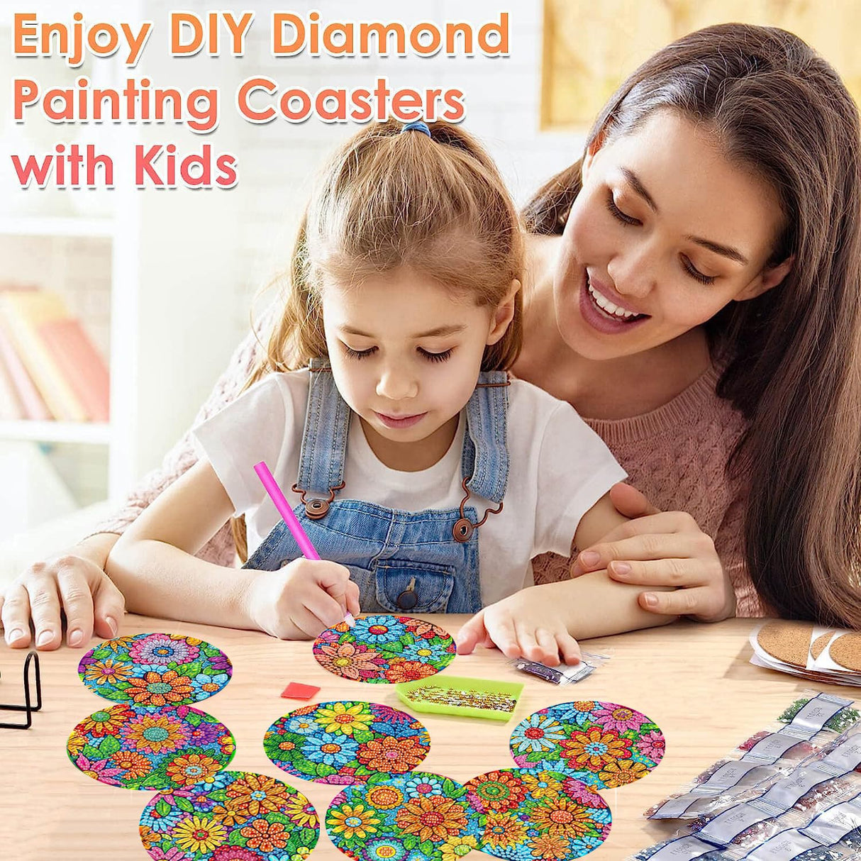 ijbnhd 8 Pcs Flowers Diamond Art Coasters with Holder-DIY Flowers Diamond Painting Coasters 5D Diamond Art Coaster with Cork Pads for Adults for Holiday Gift ijbnhd