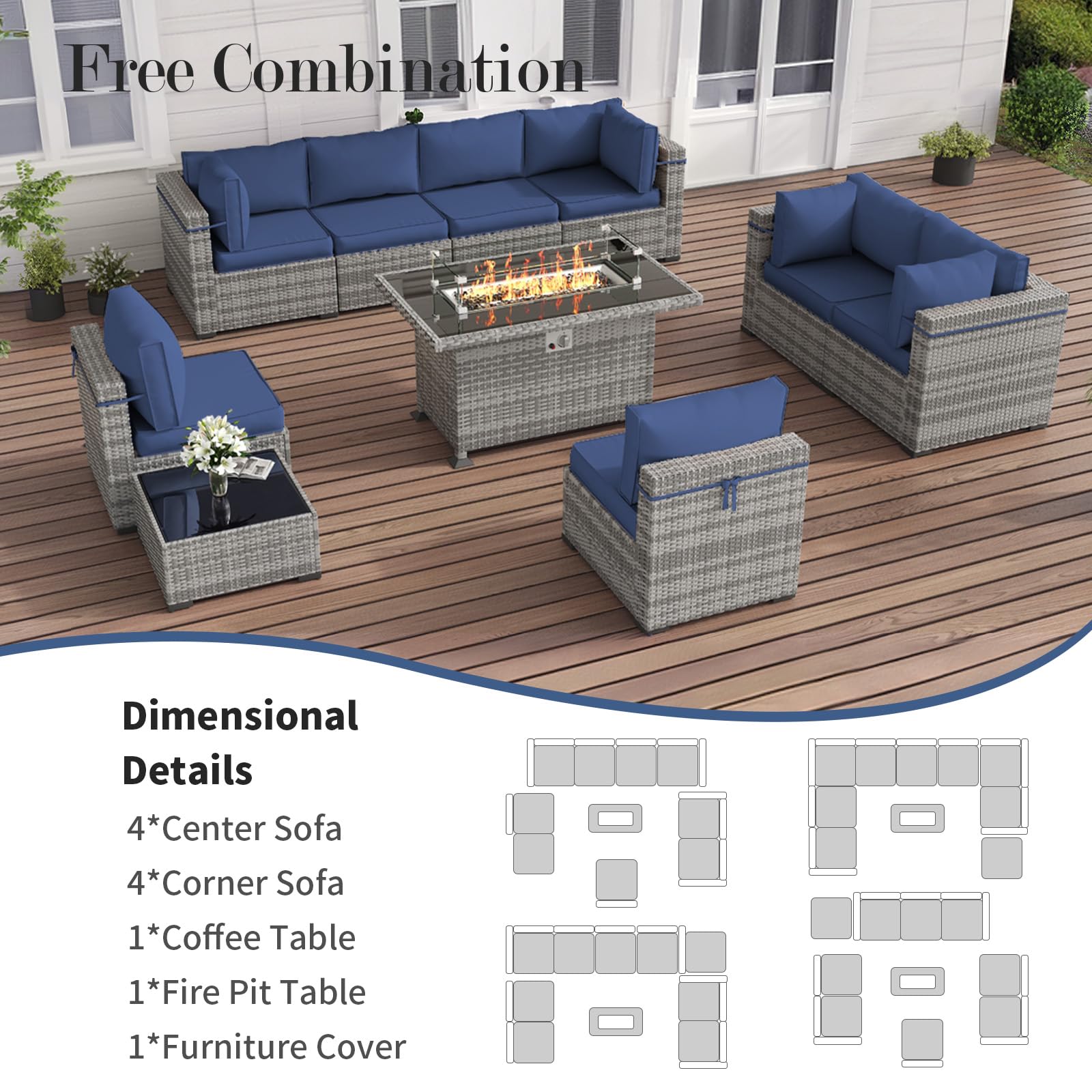 Amopatio Patio Furniture with Fire Pit, Outdoor Furniture Wicker Furniture Couch Set, 10 Pieces Outdoor Sectional Sofa with Patio Furniture Cover, 44" Gas Fire Pit Outdoor Furniture (Navy) - WoodArtSupply