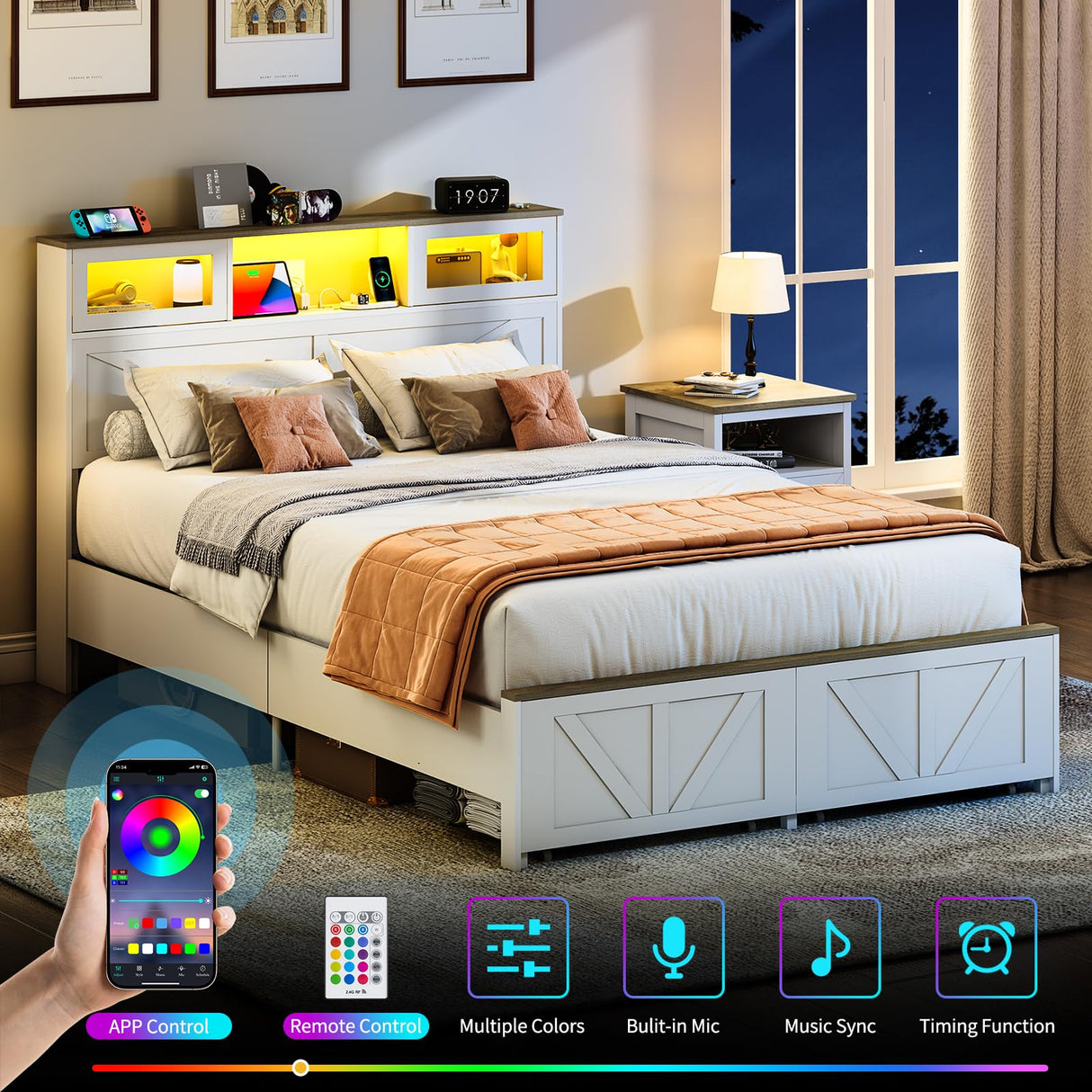 Yoobure Full Size Bed Frame with Headboard, Full Bed Frame with Charging Station, LED Beds with 2 Storage Drawers, Wood Farmhouse Bedframe, Noise-Free and No Box Spring Needed, White Yoobure