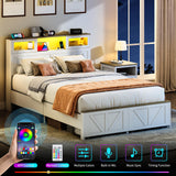 Yoobure Full Size Bed Frame with Headboard, Full Bed Frame with Charging Station, LED Beds with 2 Storage Drawers, Wood Farmhouse Bedframe, Noise-Free and No Box Spring Needed, White Yoobure