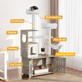 YITAHOME 59 Inch Cat Tree with Litter Box Enclosure, 2-in-1 Cat Furniture Condo, Indoor Cat Tower with Wood House, Perch, Feeding Station, Hammocks, Scratch Post, Hair Brush, Gray YITAHOME