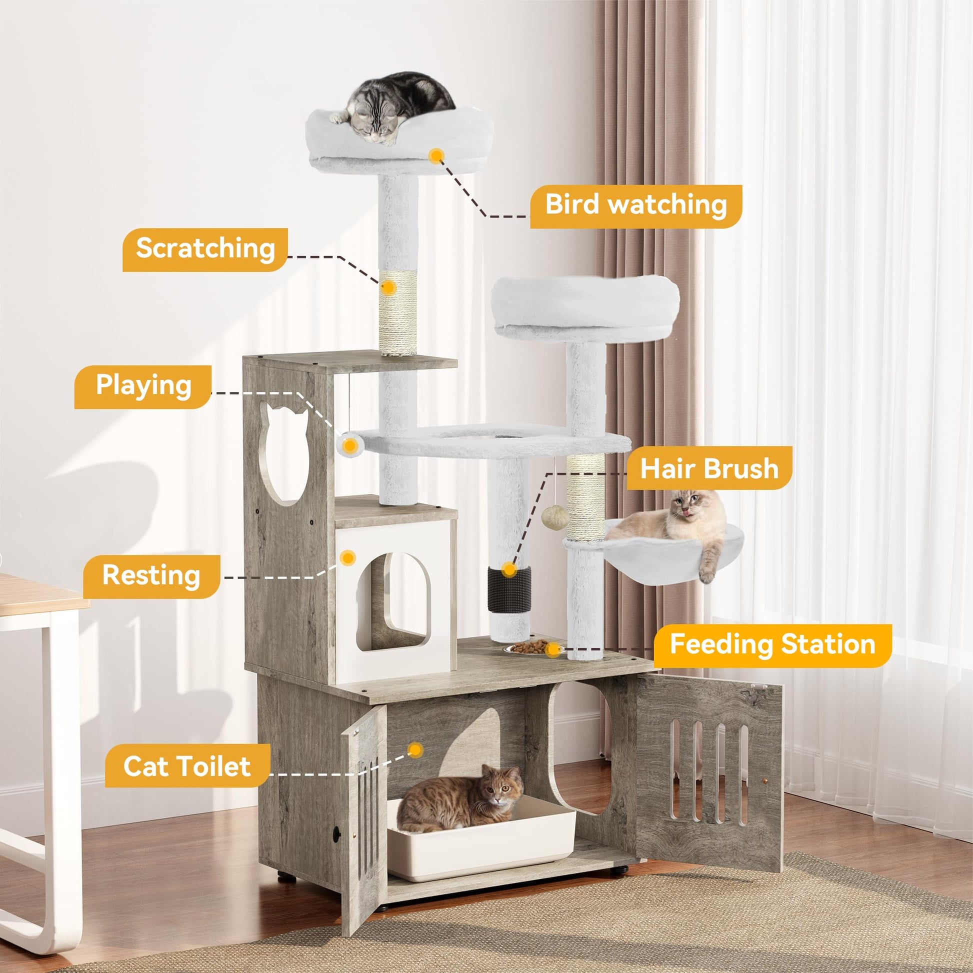 YITAHOME 59 Inch Cat Tree with Litter Box Enclosure, 2-in-1 Cat Furniture Condo, Indoor Cat Tower with Wood House, Perch, Feeding Station, Hammocks, Scratch Post, Hair Brush, Gray - WoodArtSupply