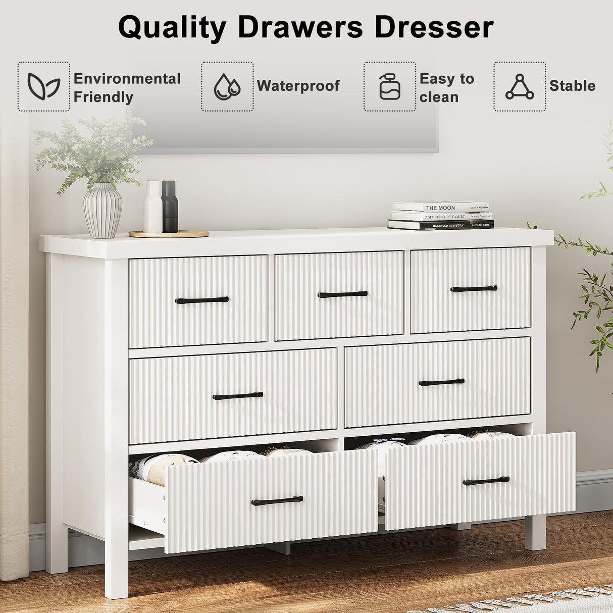 Jocoevol White Dresser 7 Drawer Dresser for Bedroom, Modern Fluted Dresser with Solid Wood Legs, Long Double Wooden Dresser Large Chest of Drawers for Living Room, Entryway, Hallway (White Fluted) Jocoevol