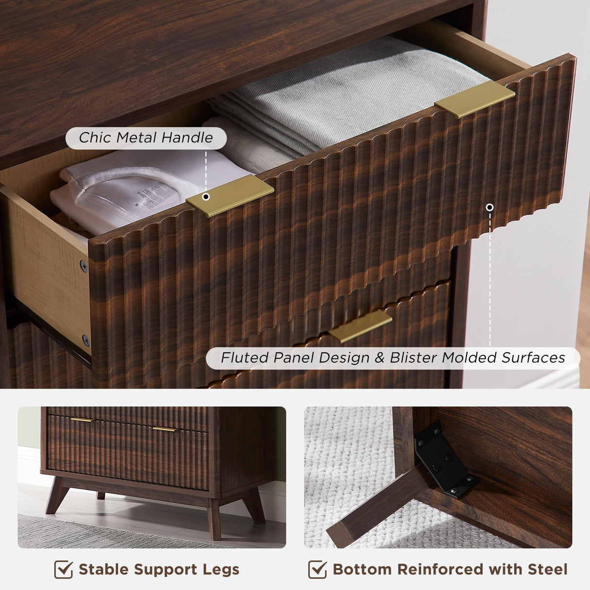 T4TREAM Fluted 5 Drawers Dresser, 48" Tall Modern Chest of Drawers, Curved Profile Design, Wood Drawer Organizer for Bedroom, Living Room, Hallway, Entryway, Dark Walnut T4TREAM