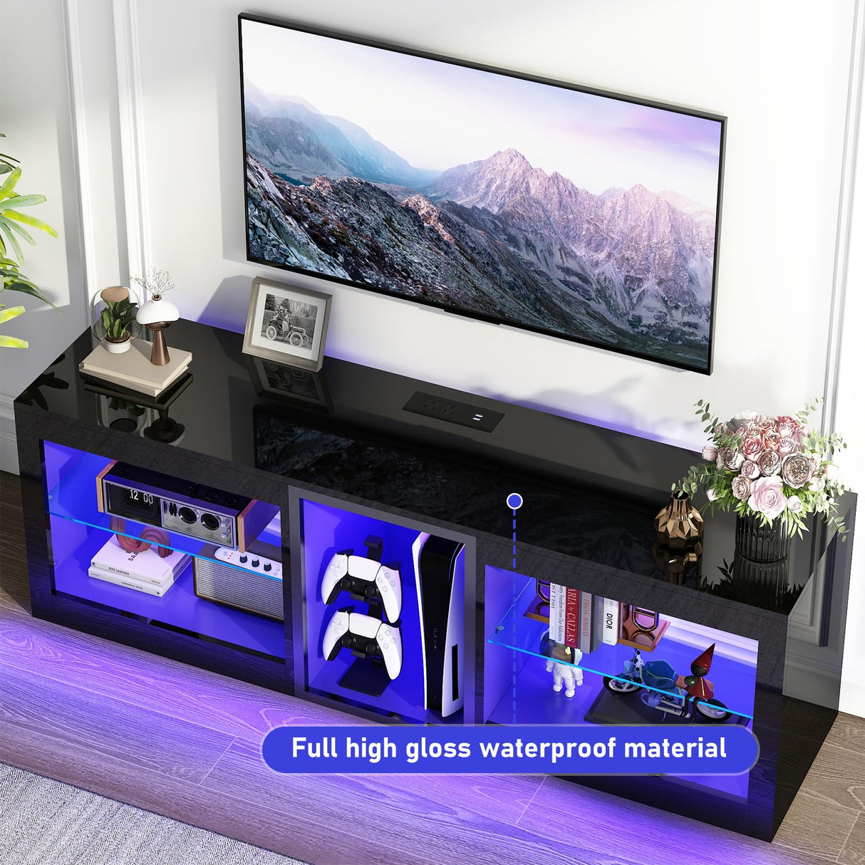 chartustriable LED TV Stands W/Power Outlet for 50 55 60 65 70Inch TV,Black Entertainment Center W/70000-Colors Lights,High Gloss LED TV Console w/Adjustable Glass Shelves for Living Room Gameroom chartustriable