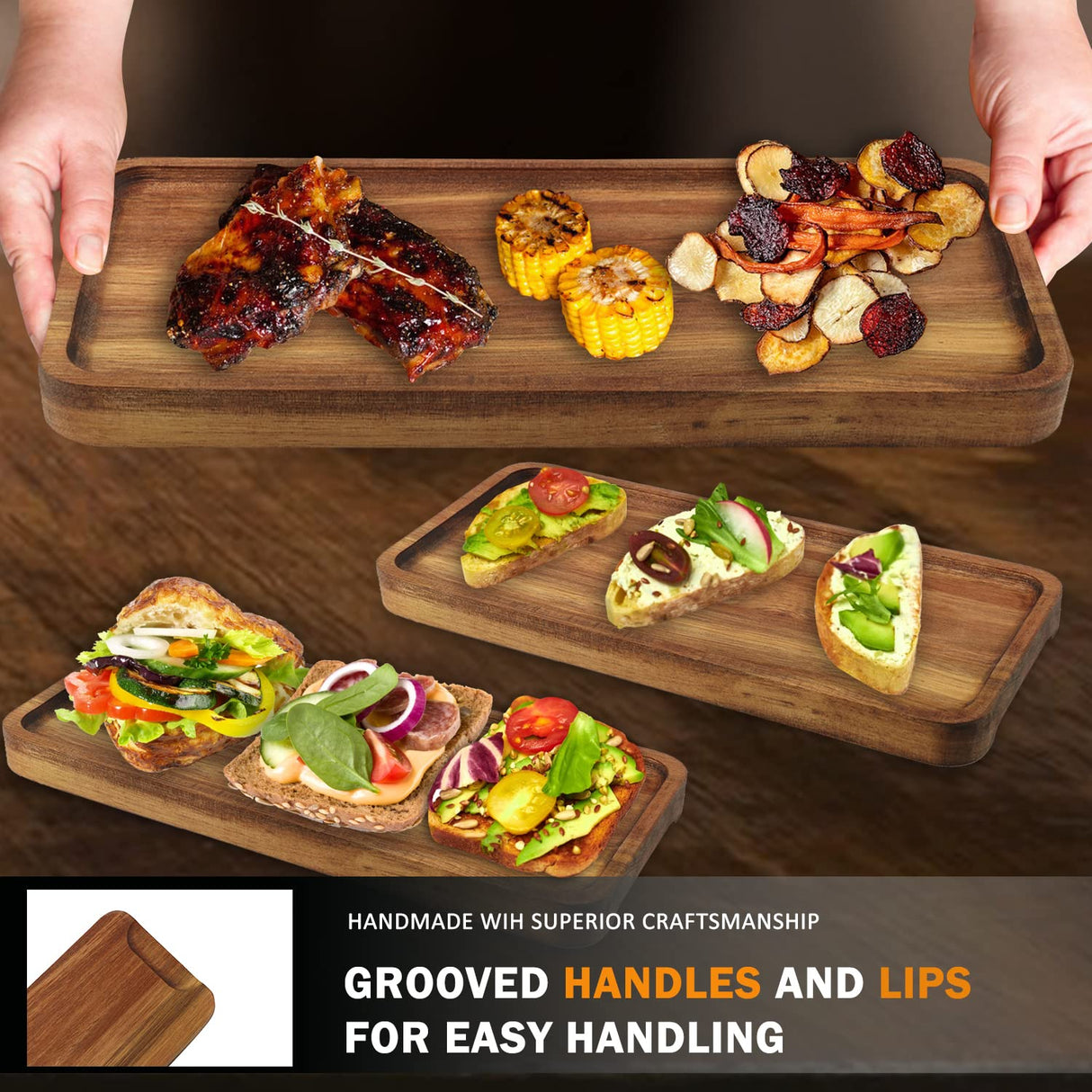 Wooden Serving Platter, 11.8 x 5.1 Inch, Set of 3, Acacia Wood Tray, Perfect for Serving Charcuterie, Desserts, Dips, Sushi, Parties, Family Gatherings, Weddings, and Home Decor, by GNIEMCKIN. GNIEMCKIN
