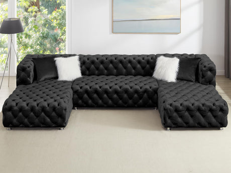 THSUPER 145'' Luxury Velvet Upholstered Chesterfield Oversized U Shaped Sectional Sofa Couch for Living Room, Couches with Button Tufted Design and Comfortable Seating and 4 Pillows. Black THSUPER