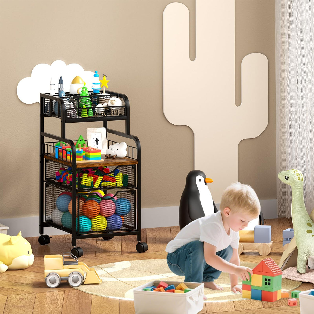 SWTYMIKI Rolling Cart with Drawers - Metal Utility Cart with Wood Shelf, DIY Divider and Locking Wheels, Craft & Art Cart Organizer for Under Desk Storage for Home Office Studio, Black SWTYMIKI