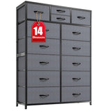 14 Drawer Dresser, Tall Fabric Dressers & Chest of Drawers, Large Bedroom Dresser for Bedroom, Closets, Living Room, Entryway, Wooden Top, Metal Frame, 52.2" H x 37.4" W x 11.8" D, Grey EnHomee