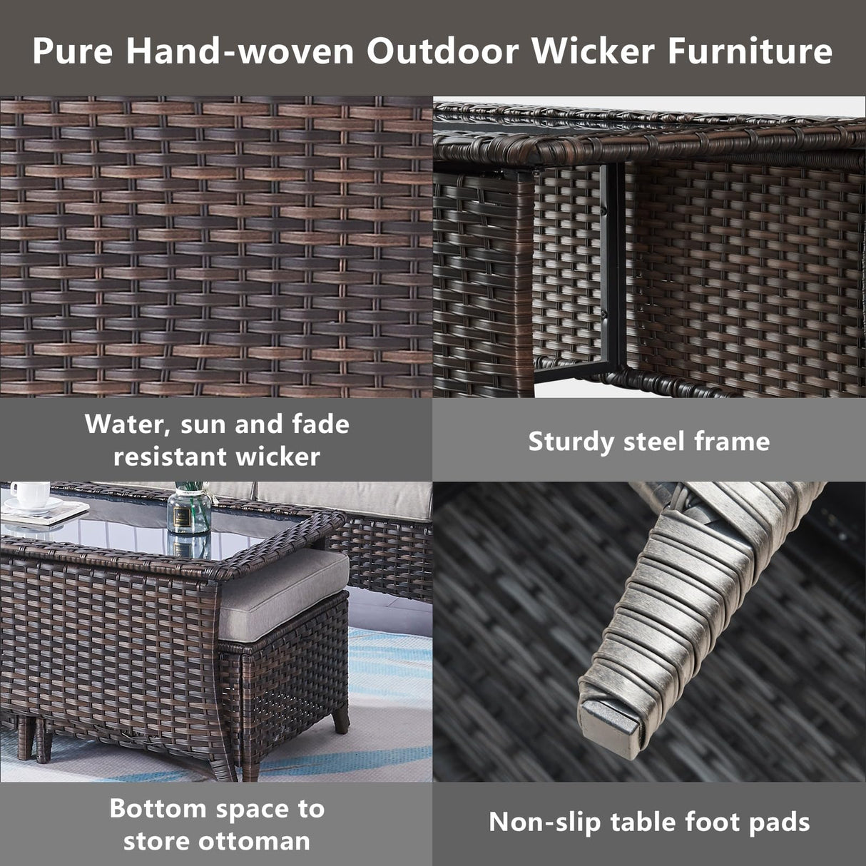 Belord Outdoor Coffee Table with Tempered Glass Top, Patio Rectangular Brown Wicker, Handwoven Rattan Coffee Table Compatible with Patio Furniture Sets for Porch Deck Backyard Belord