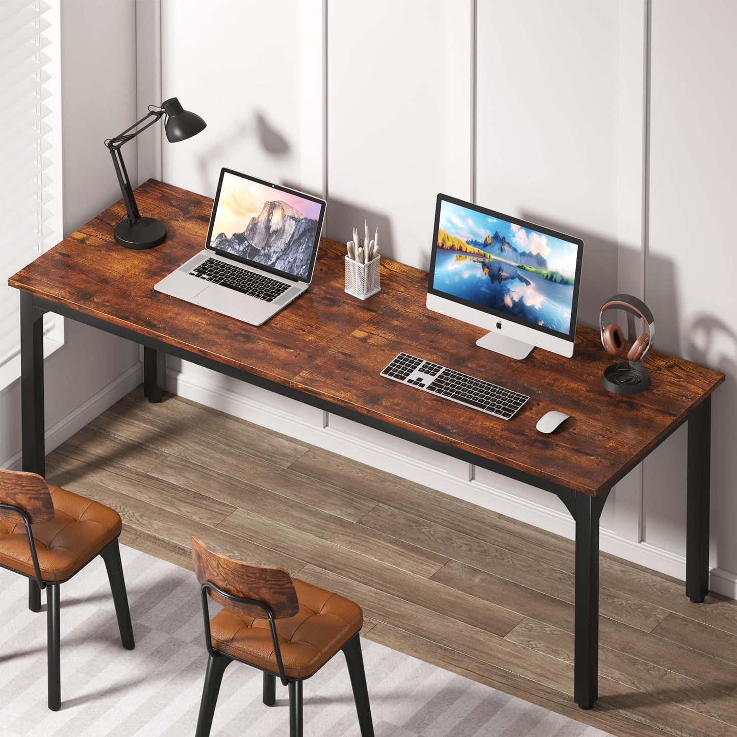 Vagaconl Computer Desk, Long Office Desk 2 Person Home Office Work Desks 78.74" L x 27.55" W x 29.52" H, Large Writing Table Study Desk, Rustic Brown (Only Table) - WoodArtSupply