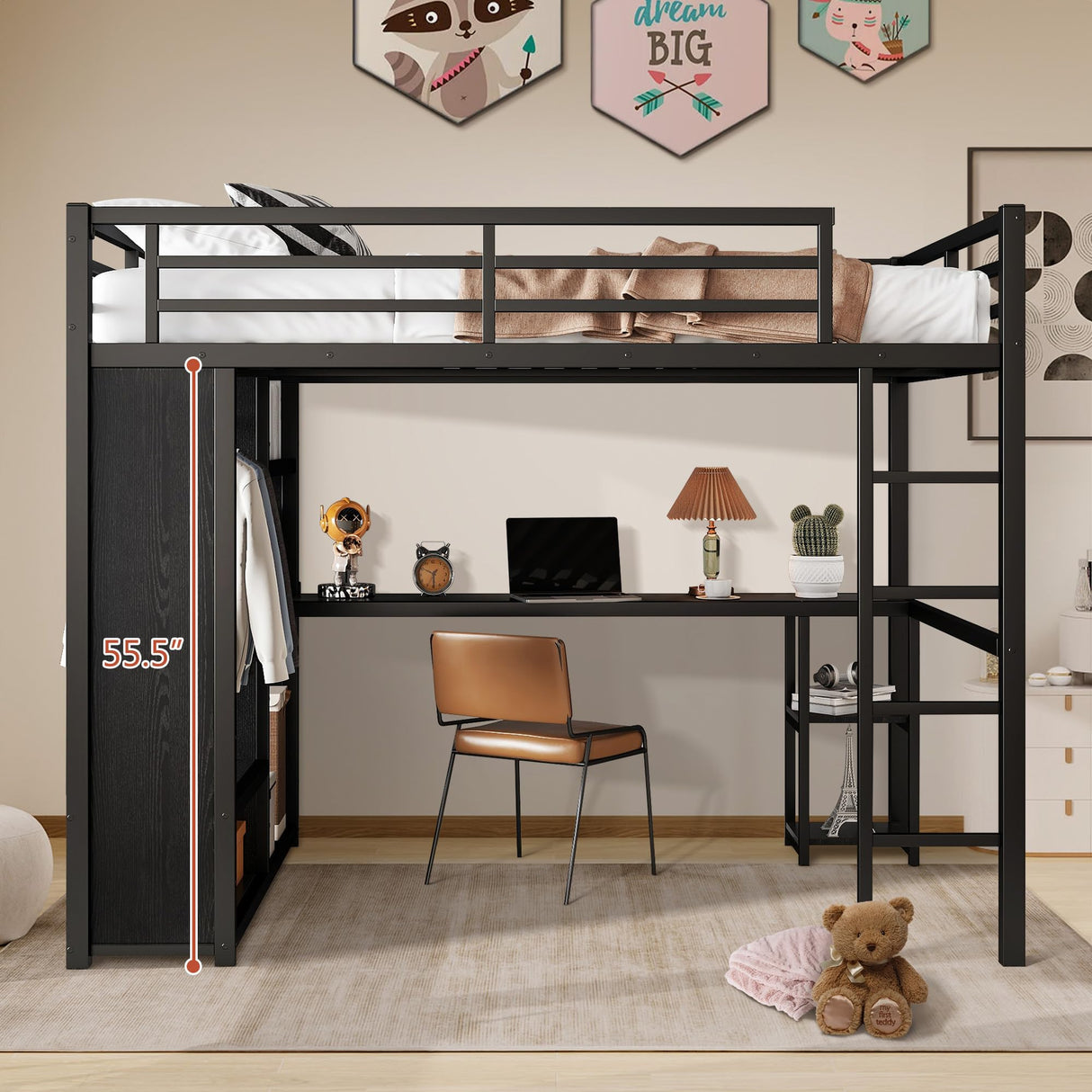 MAKIAAP Queen Heavy Duty Metal Loft Bed with L-Shaped Desk, Wardrobe & 5 Storage Shelves – Space-Saving Design for Kids, Teens, Adults – 500LBS Capacity, Easy Assembly (Queen) MAKIAAP