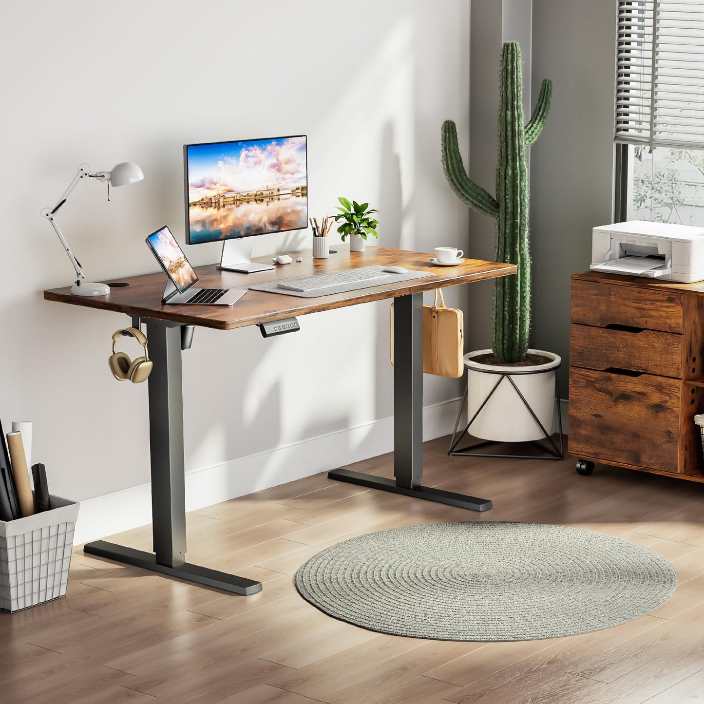 SMUG Standing Desk Adjustable Height, 63x24 Inch Electric Table with 3 Memory Preset & T-Shaped Metal Bracket Modern Computer Workstation with Splice Board for Home Office, Rustic Brown