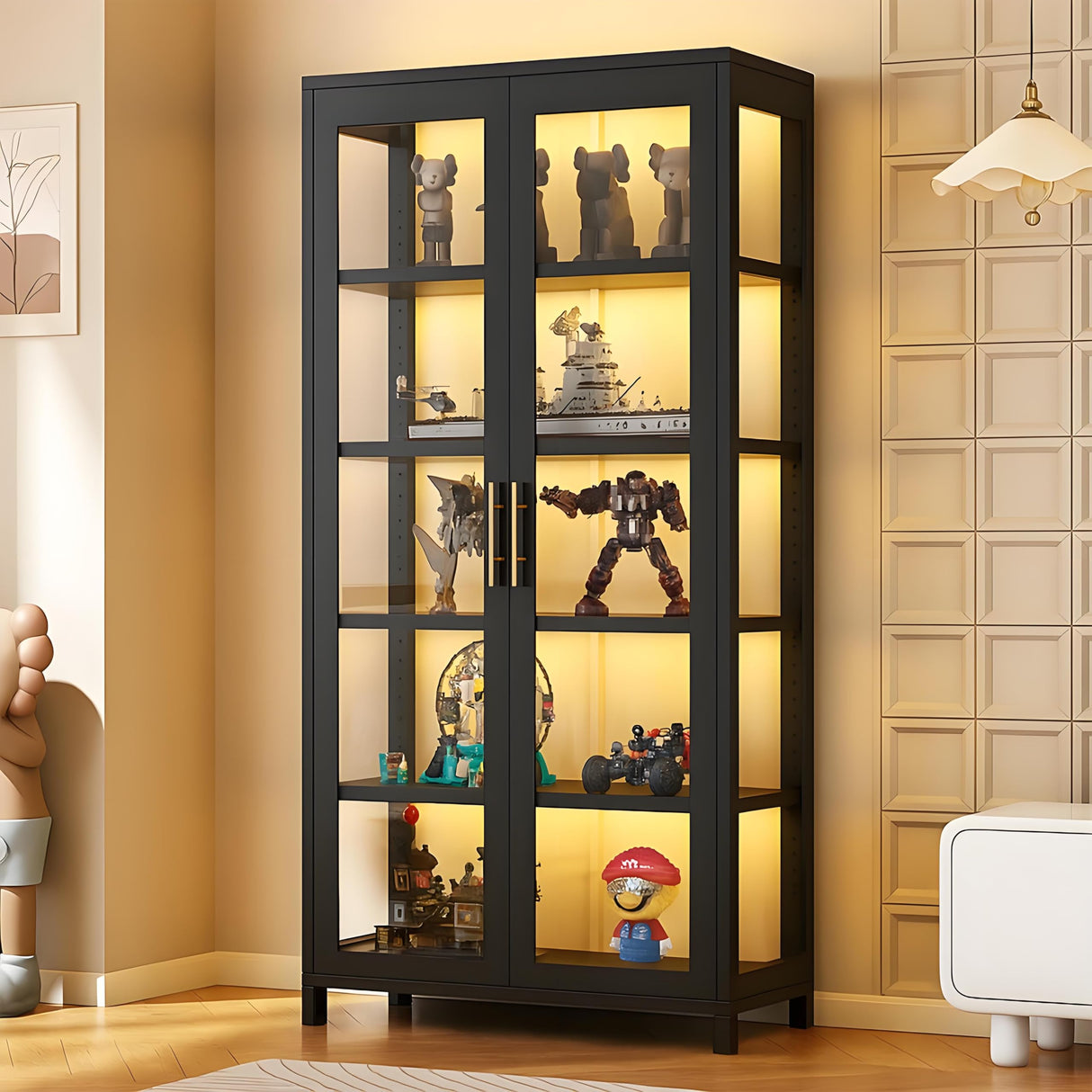 5-Tier Display Cabinet with Glass Doors, 67" Metal Curio Cabinet with 4 Adjustable Shelves for Collectibles, Toy Organizers Cabinet & Glass Display Case for Home, Office, Playroom, Living Room IHGSSKD