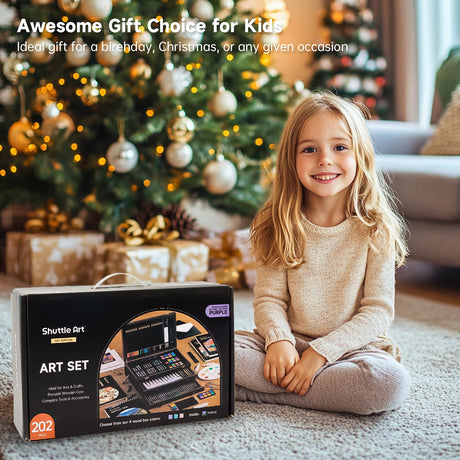 Shuttle Art Deluxe Gift Art Kit, 202-Piece Wooden Art Supplies Set with 4 Drawing Pads, Canvases, Coloring Sheets, Acrylic Paint, Crayons, Oil Pastels, Colored Pencils for Kids, Artists, Beginners Shuttle Art
